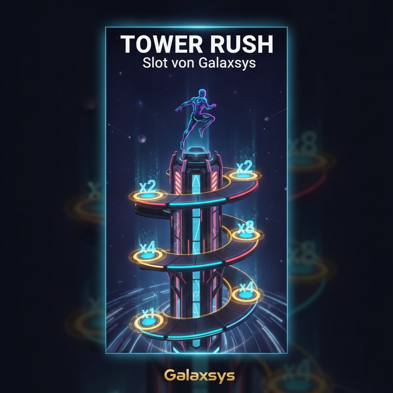 Tower Rush Slot von Galaxsys - Vertikales Turm-Kletterspiel mit Multiplikator-Ebenen, leuchtenden Neonfarben und strategischen Entscheidungspunkten auf jedem Level